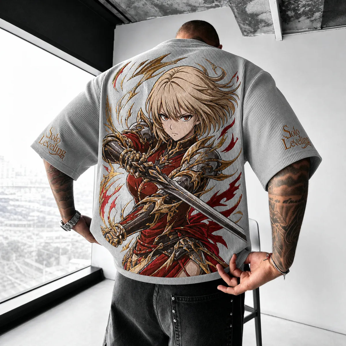 Solo Leveling Unisex Oversized Anime-Print Vertical-Stripe Short-Sleeve T-Shirt