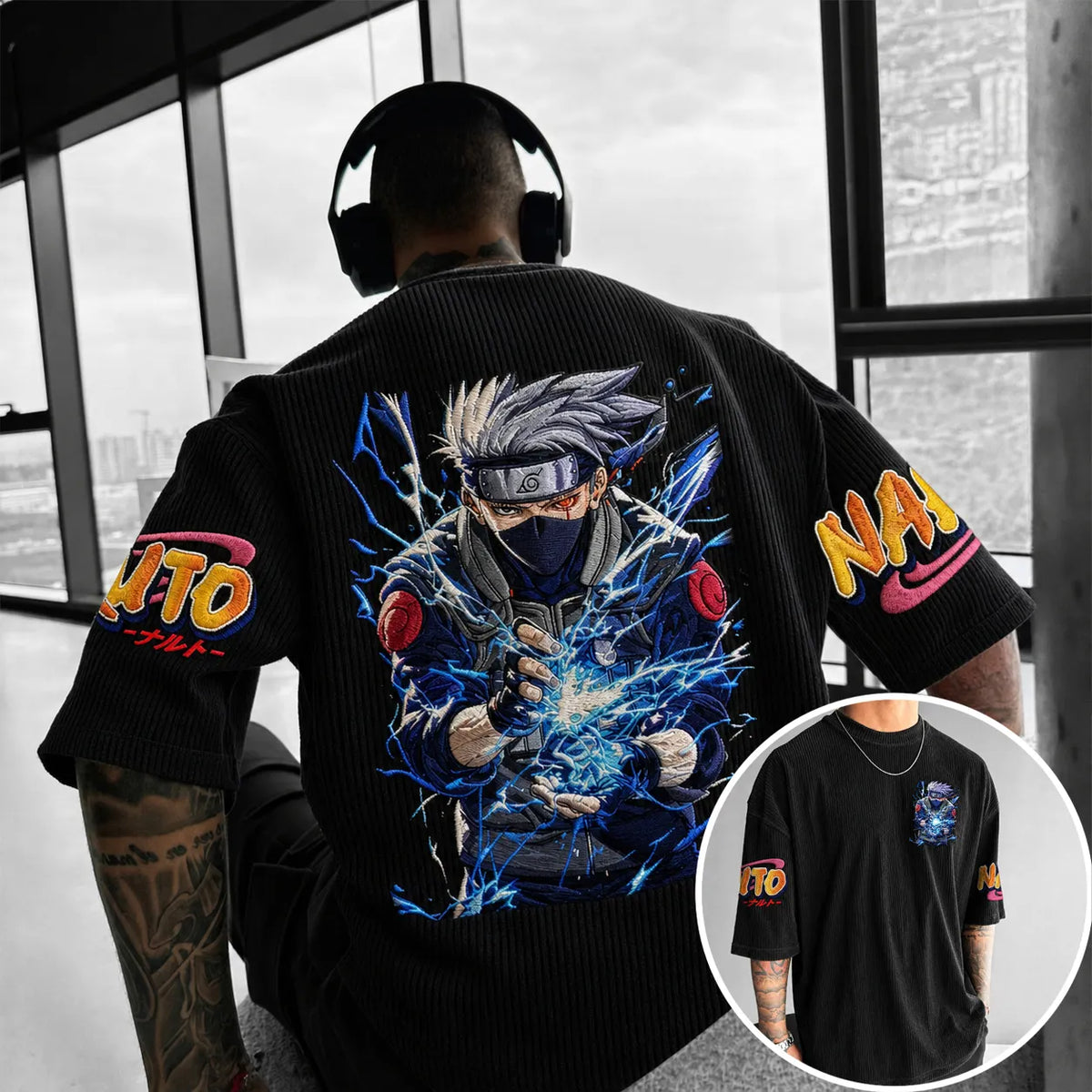 Naruto Unisex Anime-Style Retro Corduroy Oversized T-Shirt