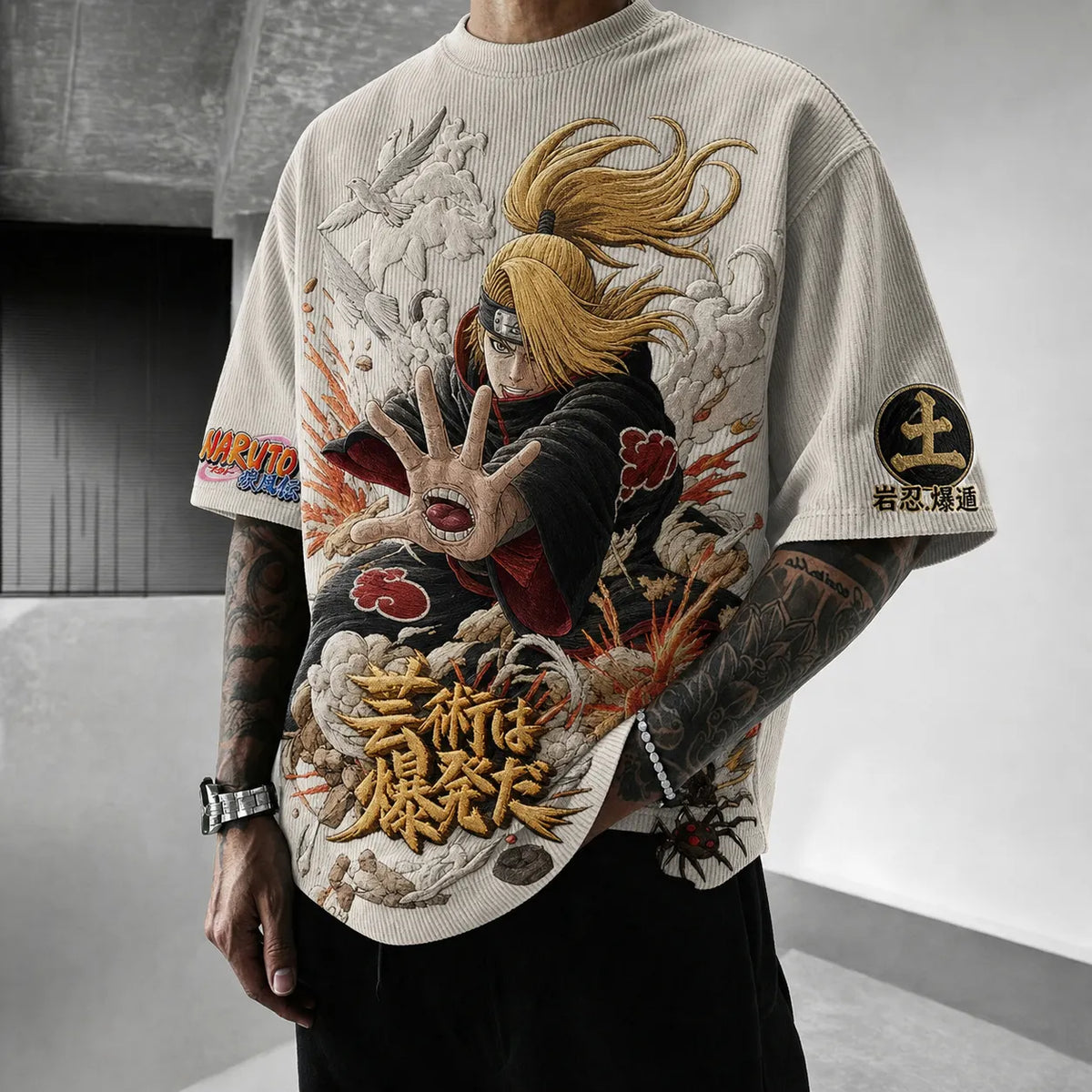 Naruto Unisex Oversized Anime-Print Vertical-Stripe Short-Sleeve T-Shirt