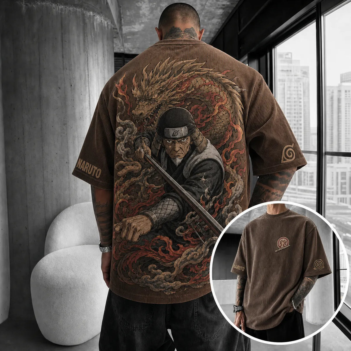 Naruto Unisex Anime-Style Retro Corduroy Oversized T-Shirt