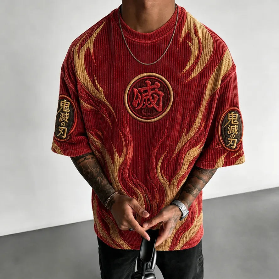 Demon Slayer Unisex Oversized Anime-Print Vertical-Stripe Short-Sleeve T-Shirt