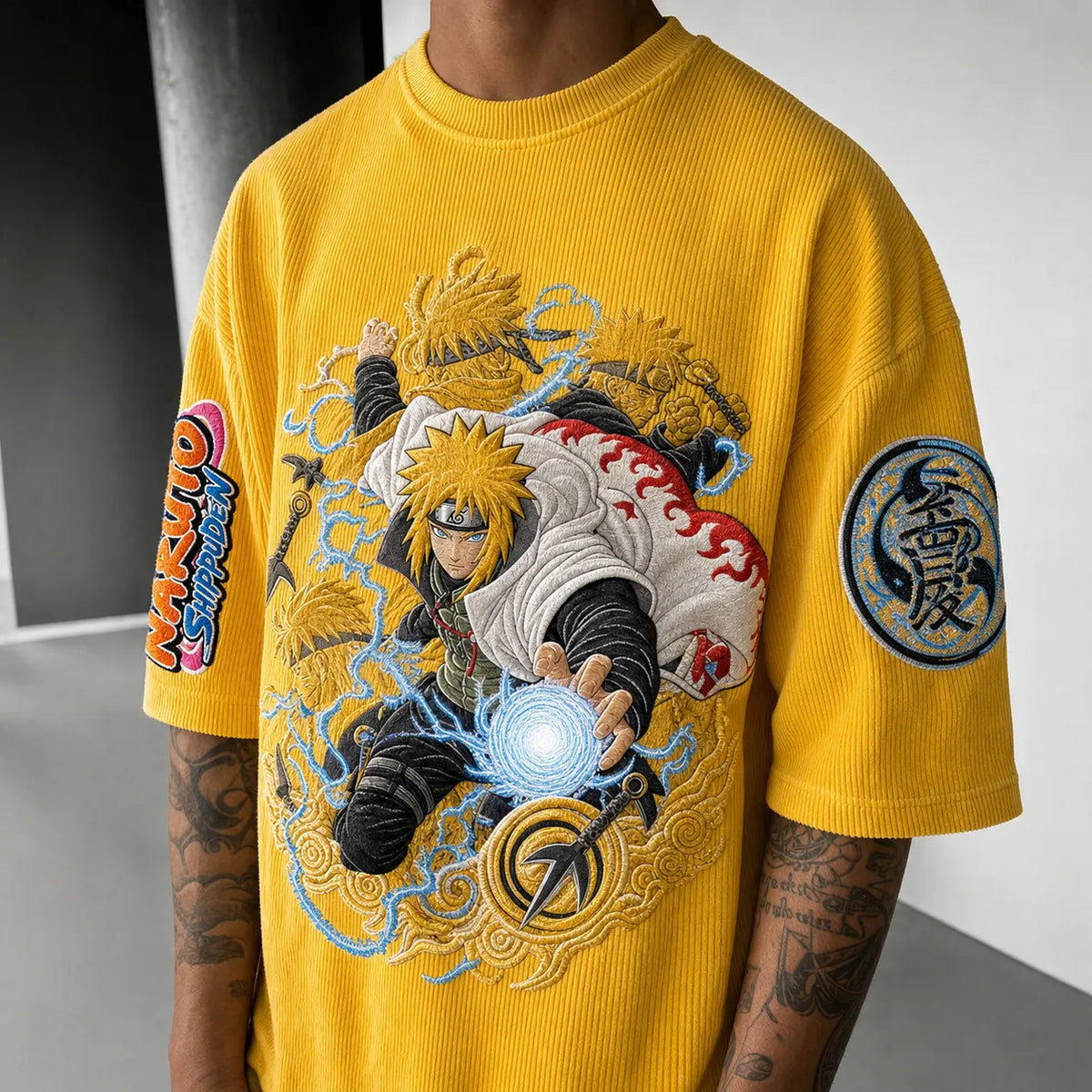 Naruto Unisex Oversized Anime-Print Vertical-Stripe Short-Sleeve T-Shirt