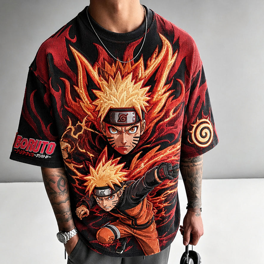 Naruto Unisex Oversized Anime-Print Vertical-Stripe Short-Sleeve T-Shirt