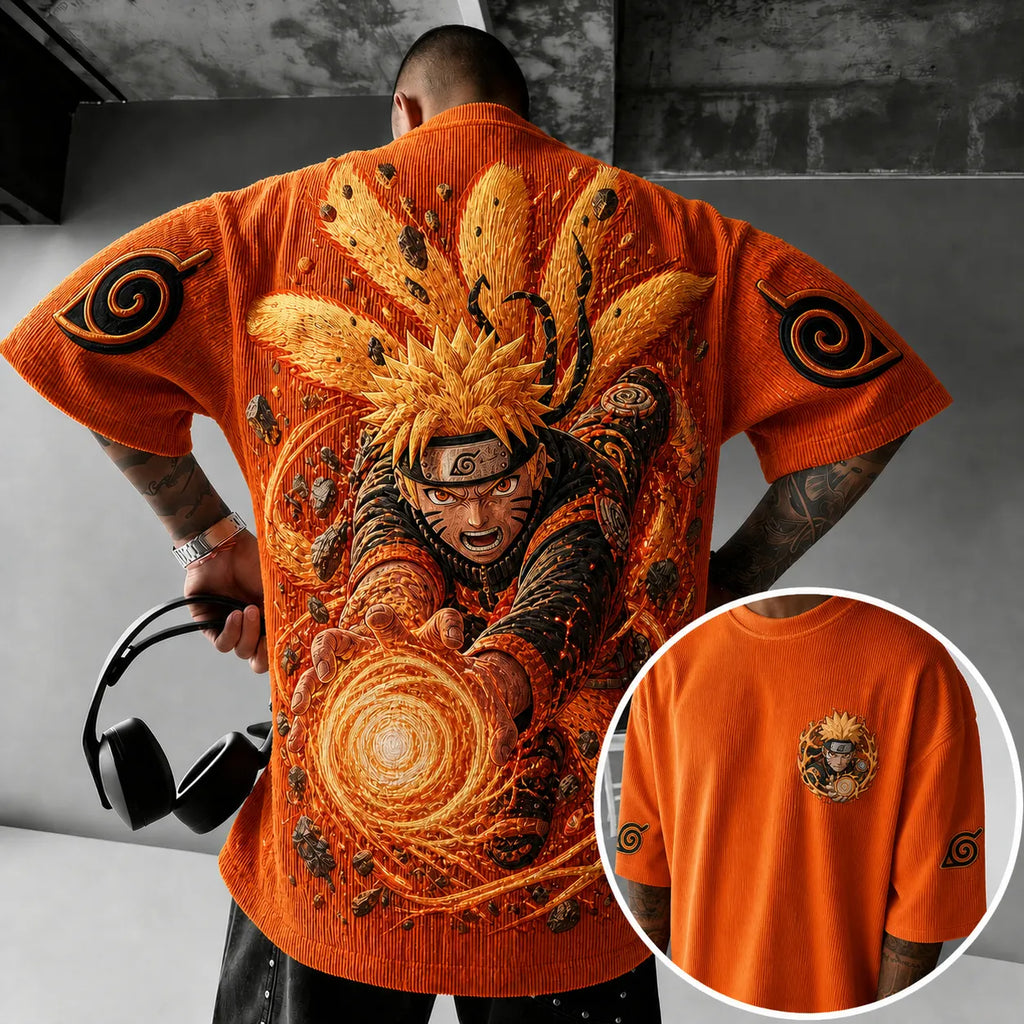 Naruto Unisex Oversized Anime-Print Vertical-Stripe Short-Sleeve T-Shirt