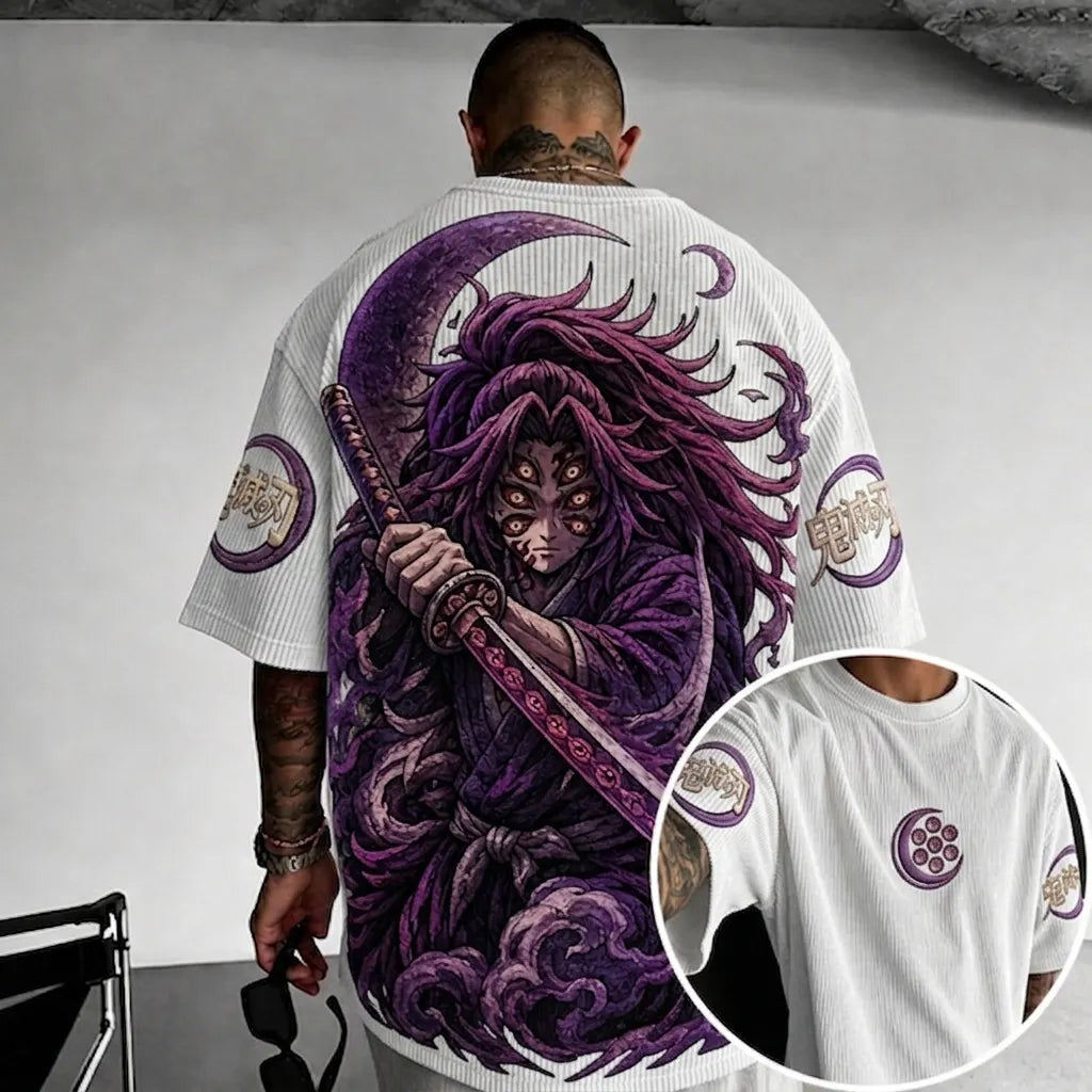 Demon Slayer Unisex Oversized Anime-Print Vertical-Stripe Short-Sleeve T-Shirt