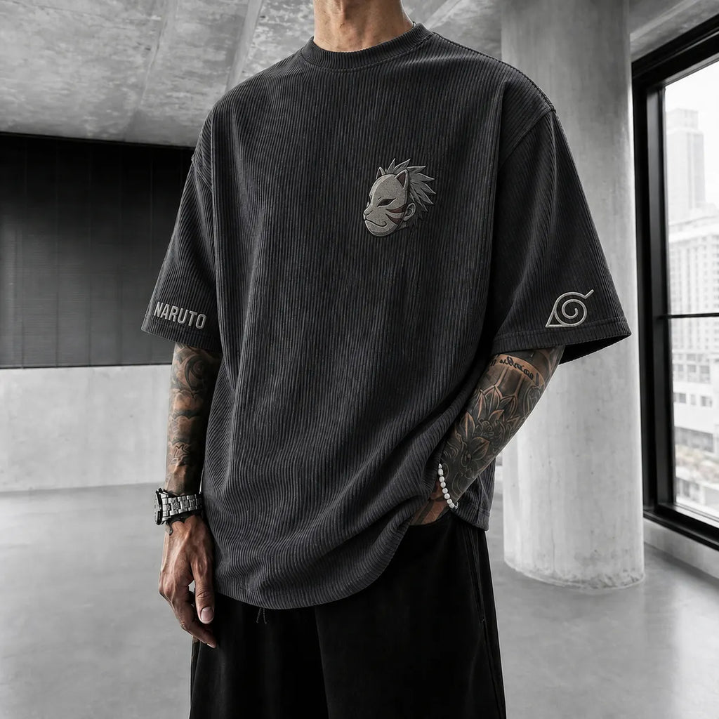 Naruto Unisex Anime-Style Retro Corduroy Oversized T-Shirt