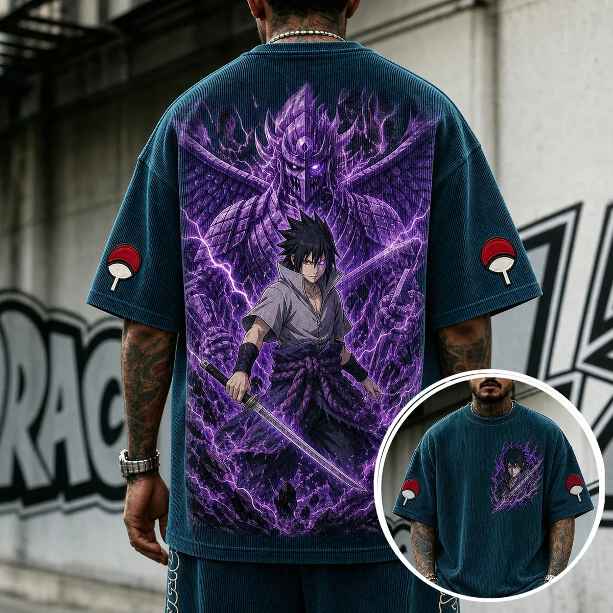 Naruto Unisex Oversized Anime-Print Vertical-Stripe Short-Sleeve T-Shirt