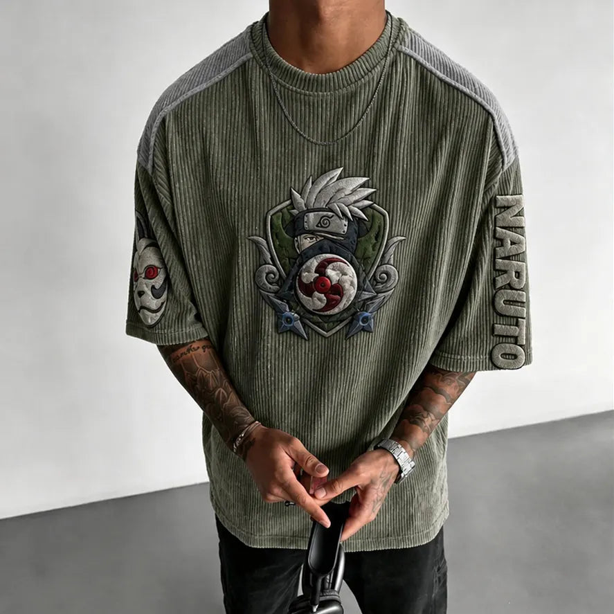 Naruto Unisex Oversized Anime-Print Vertical-Stripe Short-Sleeve T-Shirt