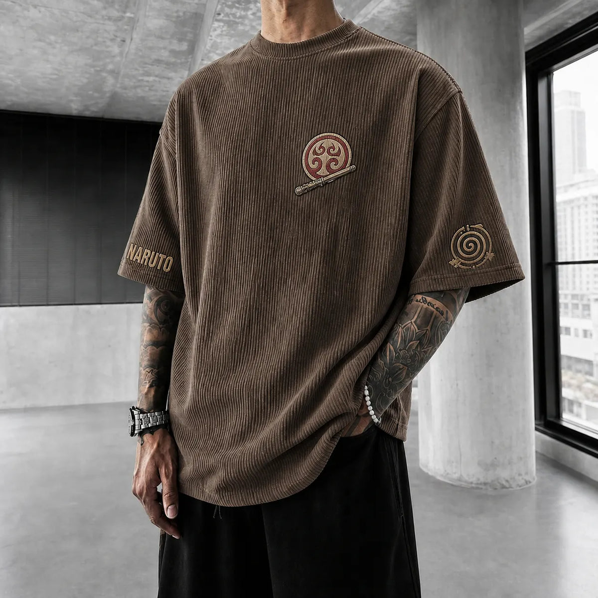 Naruto Unisex Anime-Style Retro Corduroy Oversized T-Shirt