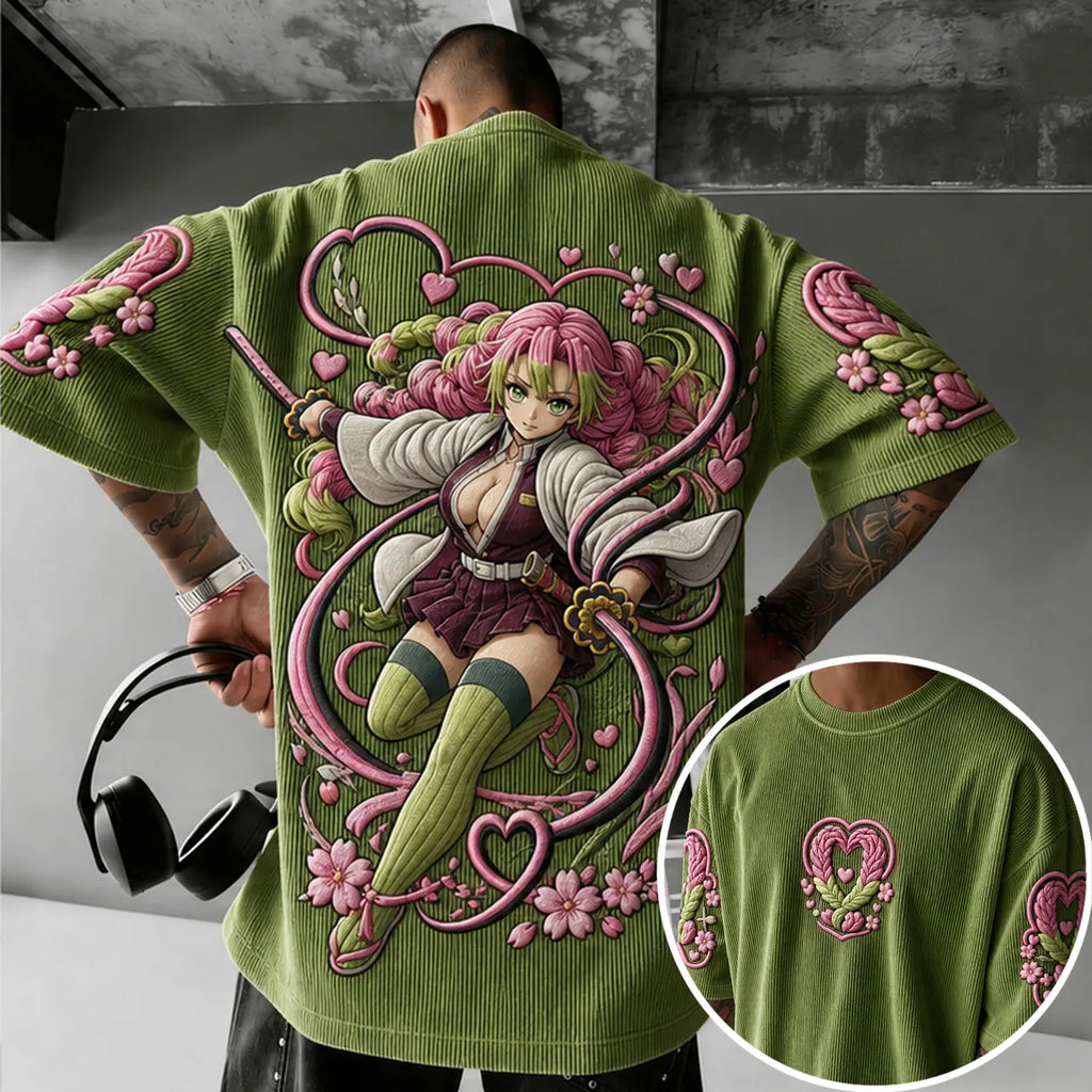 Demon Slayer Unisex Anime-Style Retro Corduroy Oversized T-Shirt