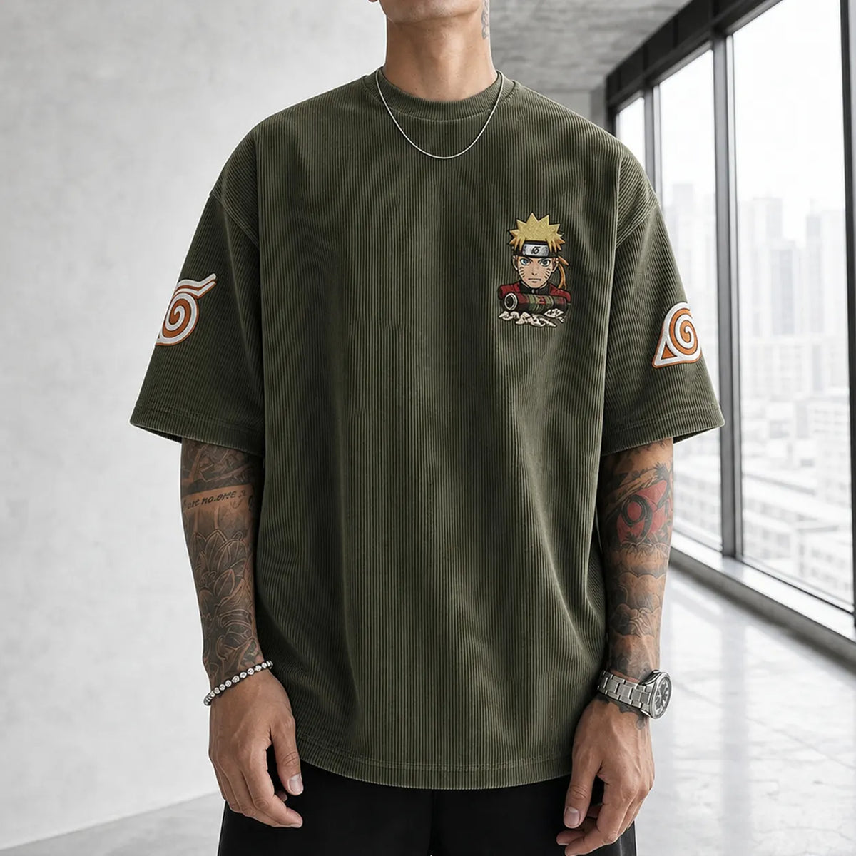 Naruto Unisex Oversized Anime-Print Vertical-Stripe Short-Sleeve T-Shirt