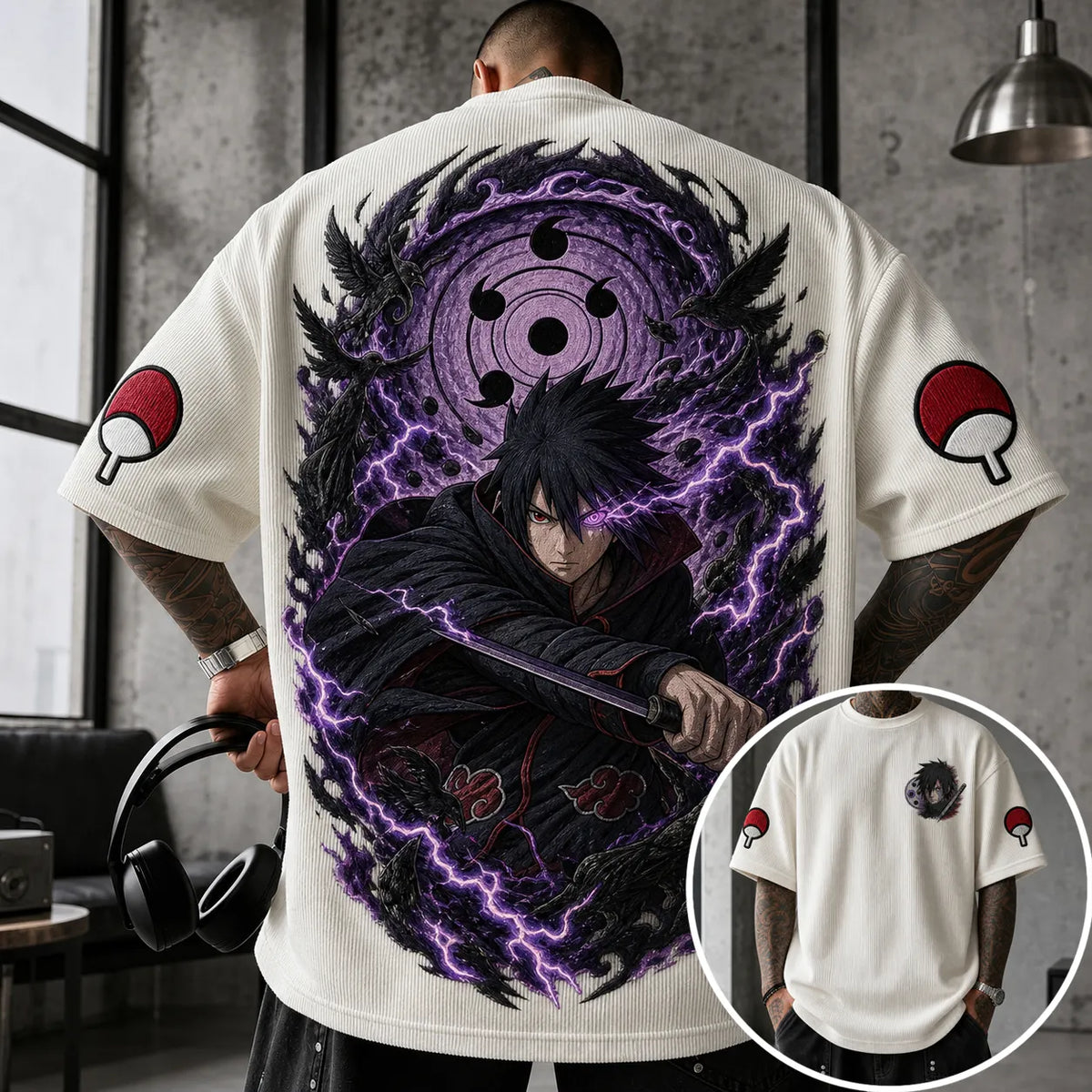 Naruto Unisex Oversized Anime-Print Vertical-Stripe Short-Sleeve T-Shirt