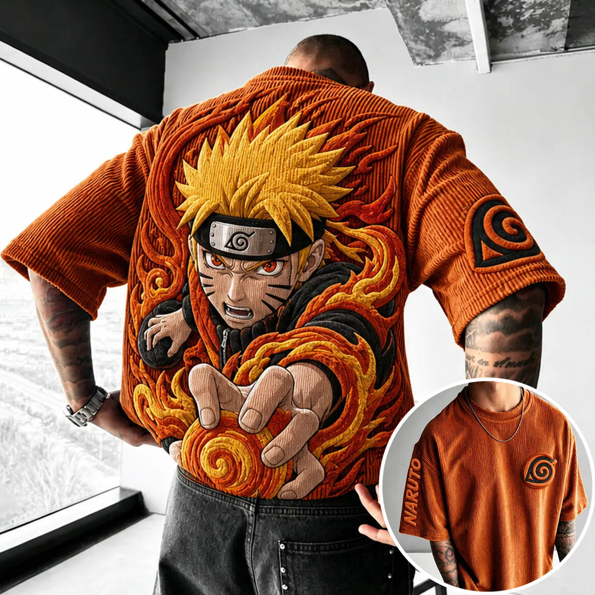 Naruto Unisex Anime-Style Retro Corduroy Oversized T-Shirt