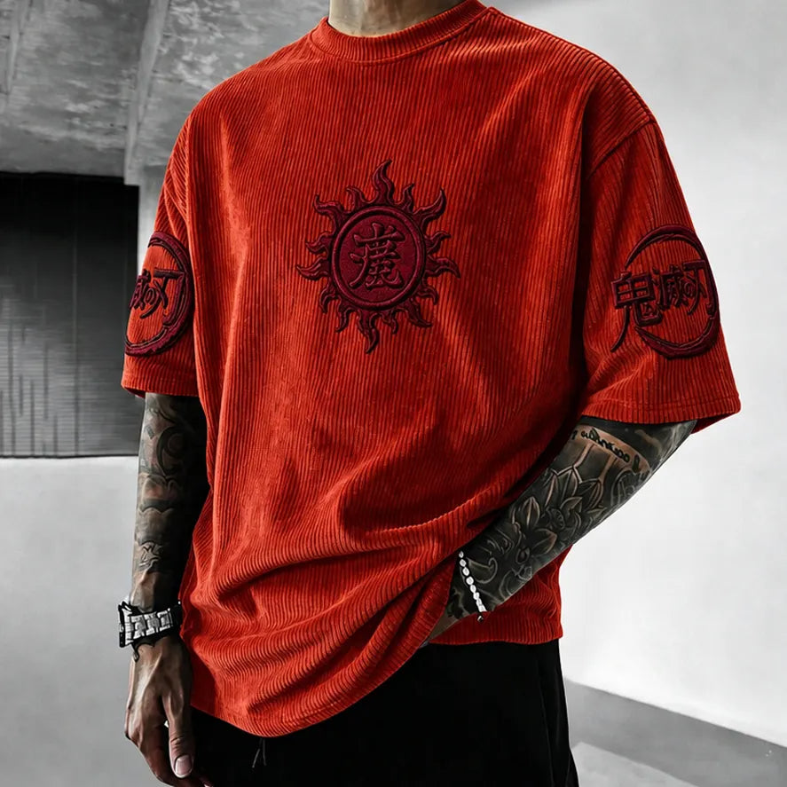 Demon Slayer Unisex Oversized Anime-Print Vertical-Stripe Short-Sleeve T-Shirt