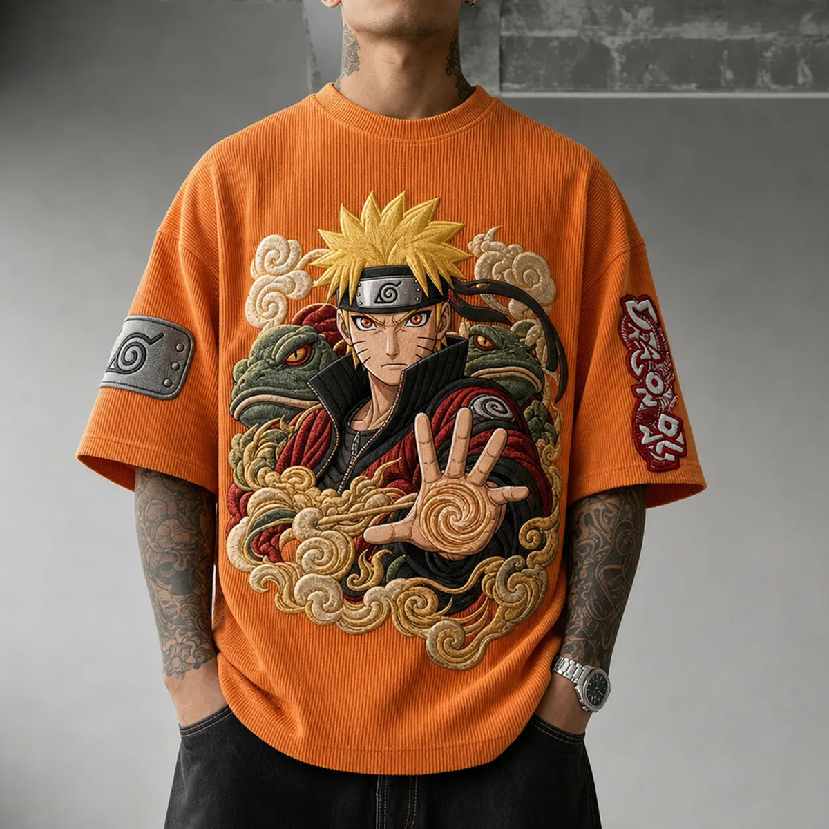 Naruto Unisex Oversized Anime-Print Vertical-Stripe Short-Sleeve T-Shirt