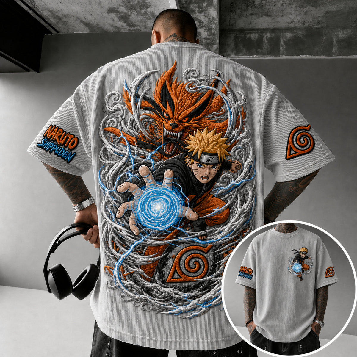 Naruto Unisex Anime-Style Retro Corduroy Oversized T-Shirt