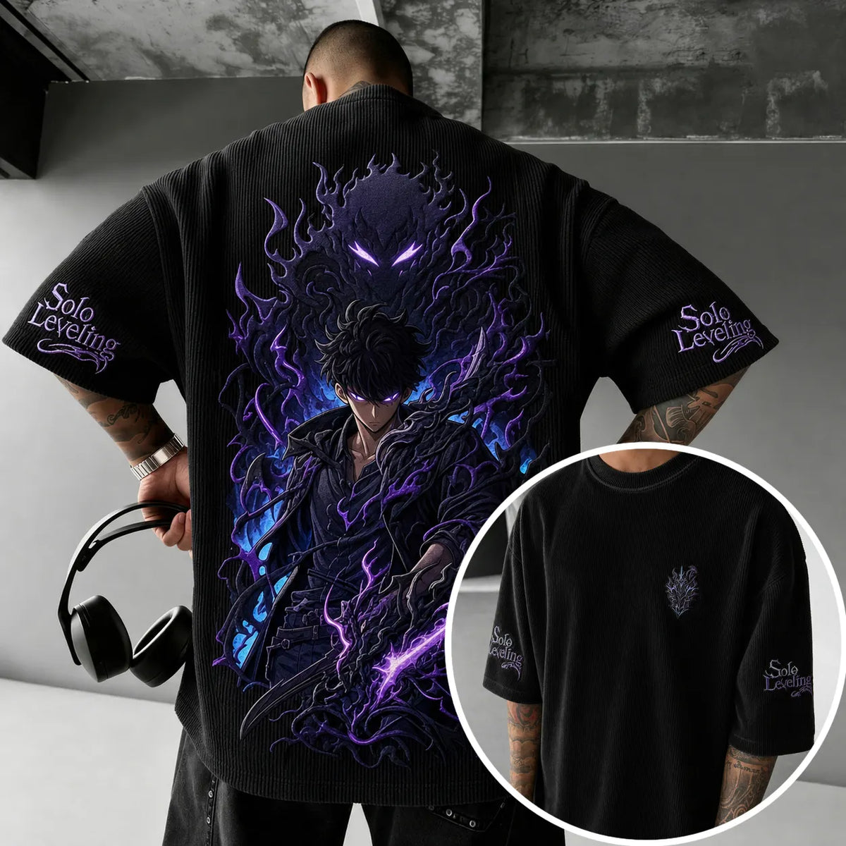 Solo Leveling Unisex Oversized Anime-Print Vertical-Stripe Short-Sleeve T-Shirt
