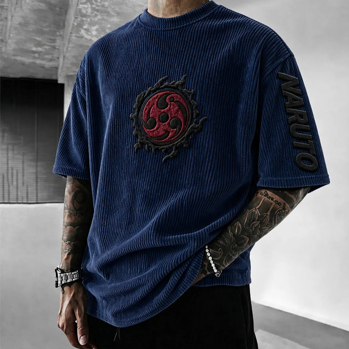 Naruto Unisex Anime-Style Retro Corduroy Oversized T-Shirt