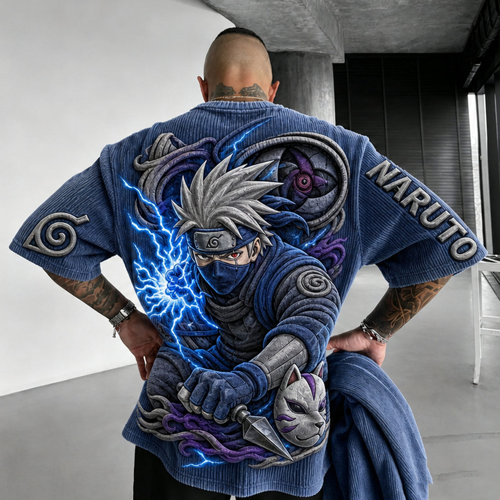 Naruto Unisex Anime-Style Retro Corduroy Oversized T-Shirt