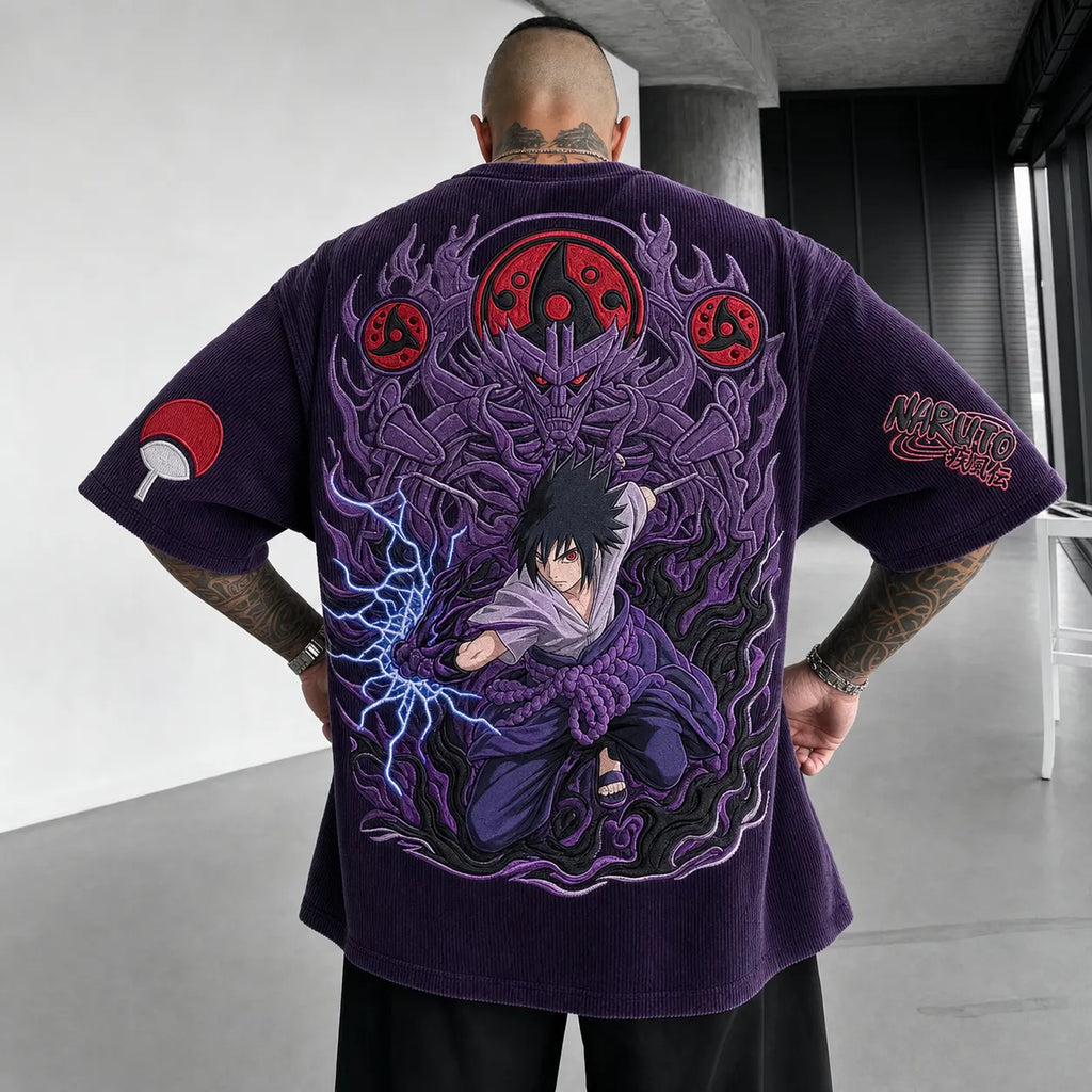 Naruto Unisex Oversized Anime-Print Vertical-Stripe Short-Sleeve T-Shirt