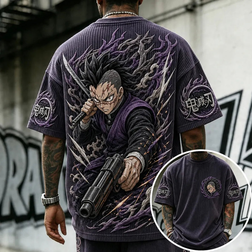 Demon Slayer Unisex Oversized Anime-Print Vertical-Stripe Short-Sleeve T-Shirt