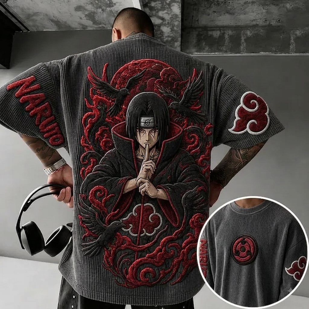 Naruto Unisex Anime-Style Retro Corduroy Oversized T-Shirt