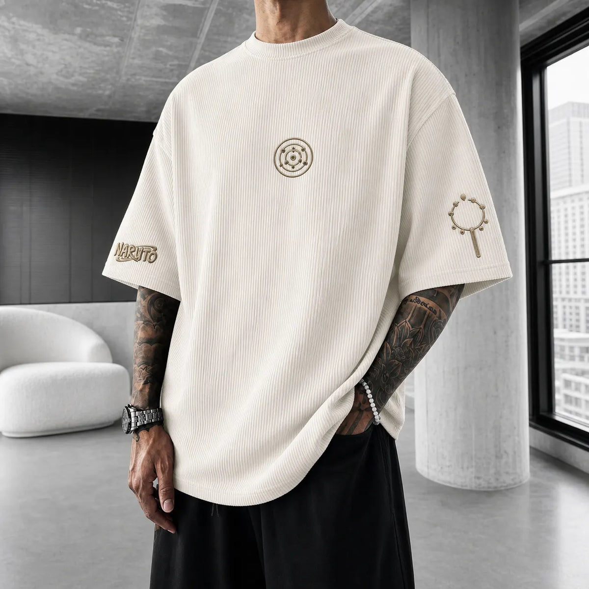 Naruto Unisex Anime-Style Retro Corduroy Oversized T-Shirt