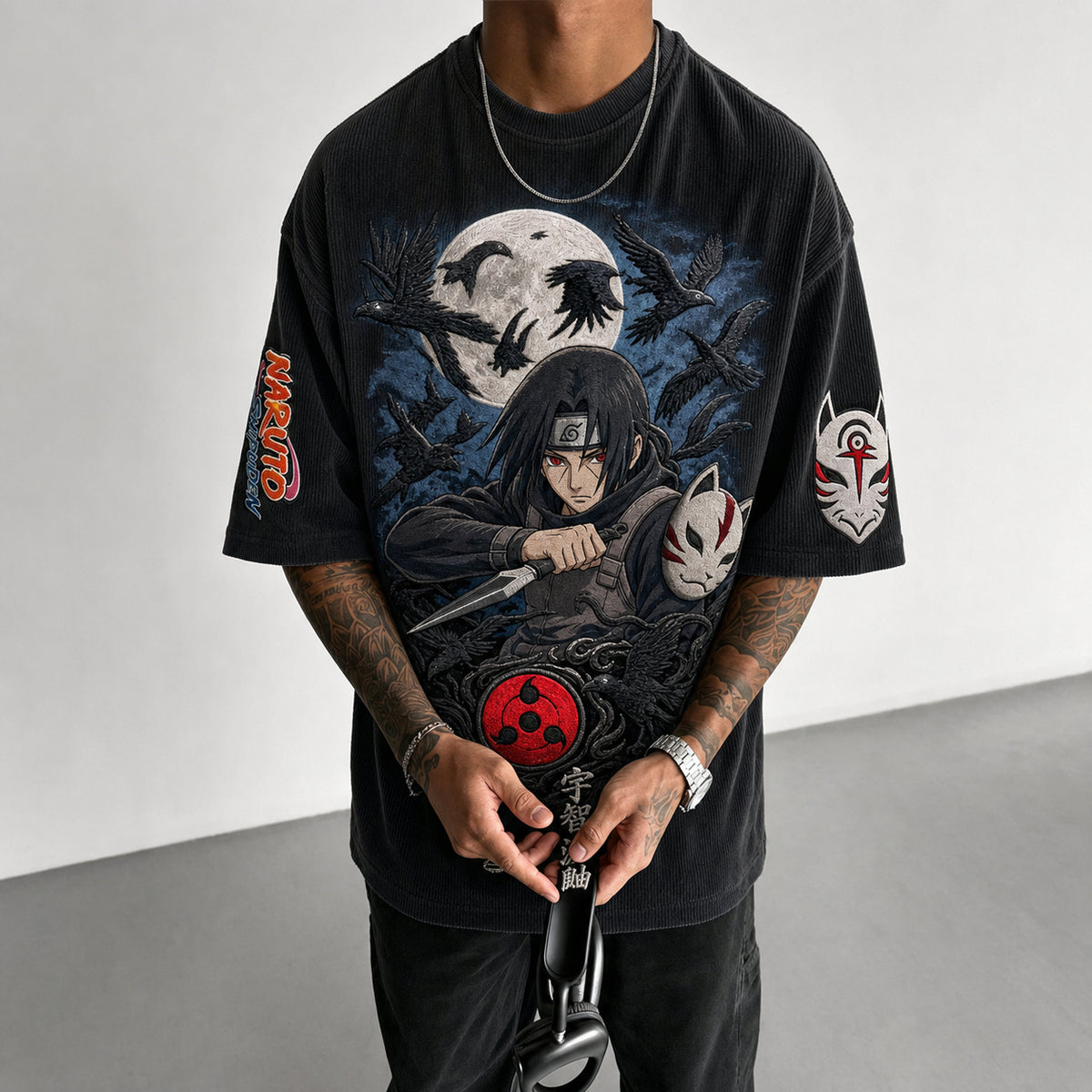 Naruto Unisex Oversized Anime-Print Vertical-Stripe Short-Sleeve T-Shirt