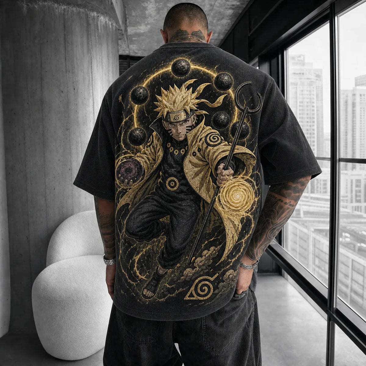 Naruto Unisex Oversized Anime-Print Vertical-Stripe Short-Sleeve T-Shirt