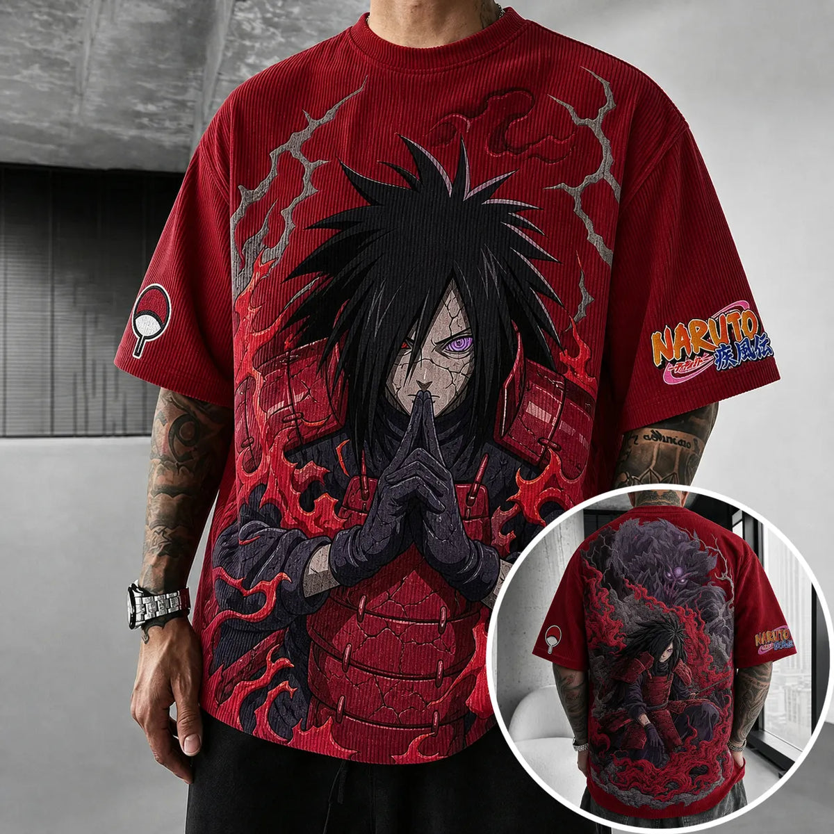 Naruto Unisex Oversized Anime-Print Vertical-Stripe Short-Sleeve T-Shirt