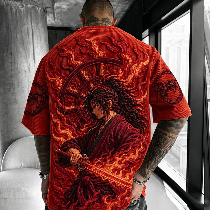 Demon Slayer Unisex Oversized Anime-Print Vertical-Stripe Short-Sleeve T-Shirt