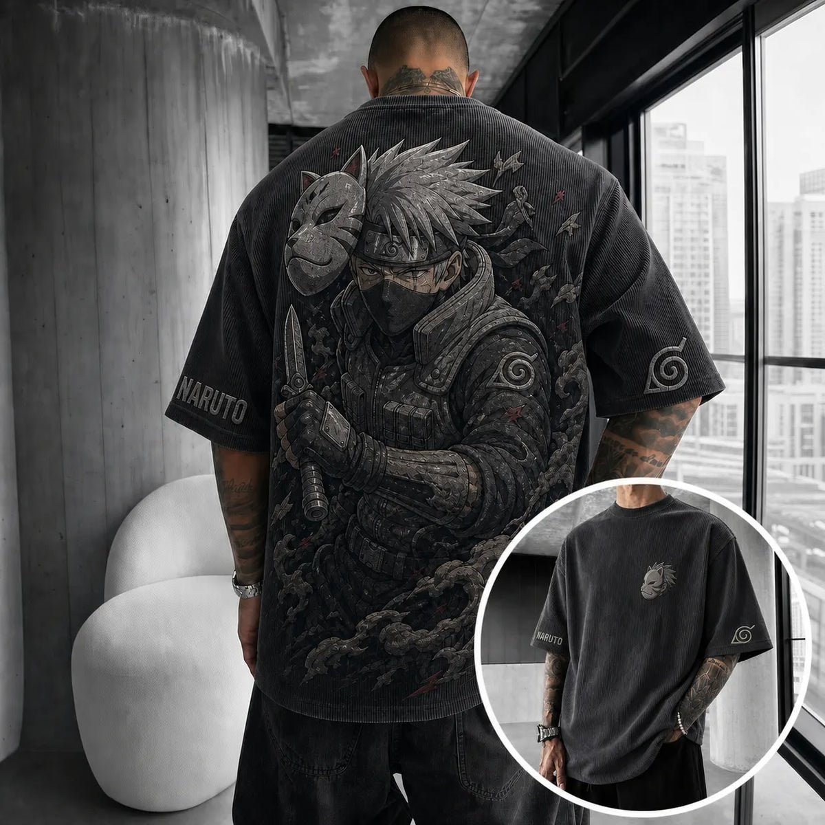 Naruto Unisex Anime-Style Retro Corduroy Oversized T-Shirt