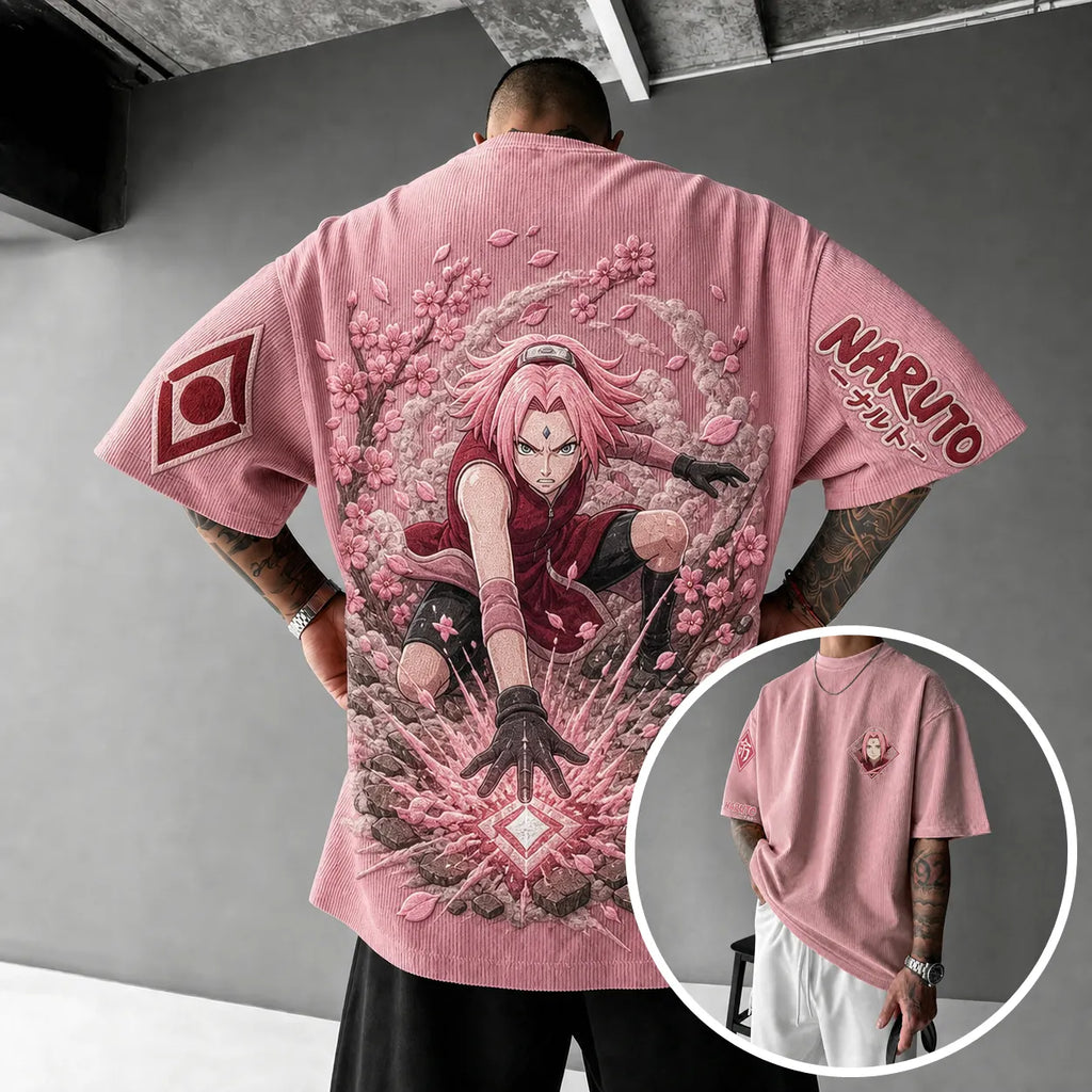 Naruto Unisex Anime-Style Retro Corduroy Oversized T-Shirt