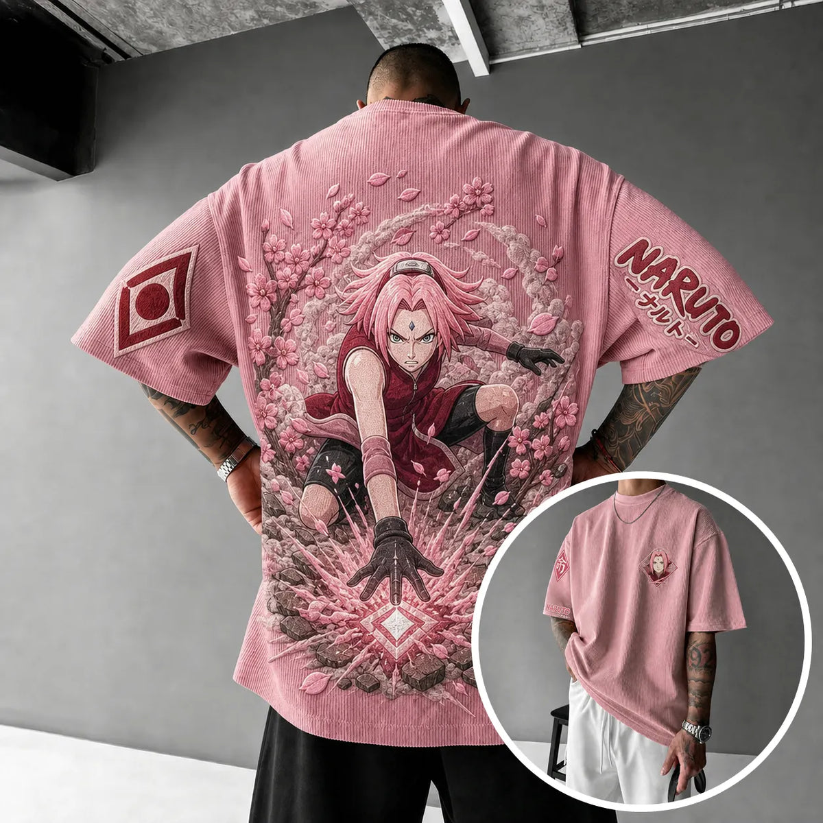 Naruto Unisex Anime-Style Retro Corduroy Oversized T-Shirt