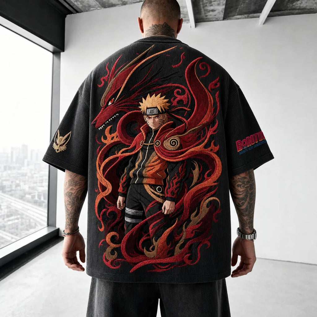 Naruto Unisex Oversized Anime-Print Vertical-Stripe Short-Sleeve T-Shirt