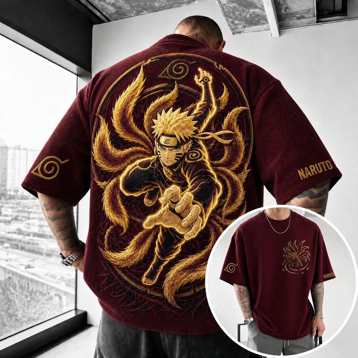 Naruto Unisex Anime-Style Retro Corduroy Oversized T-Shirt