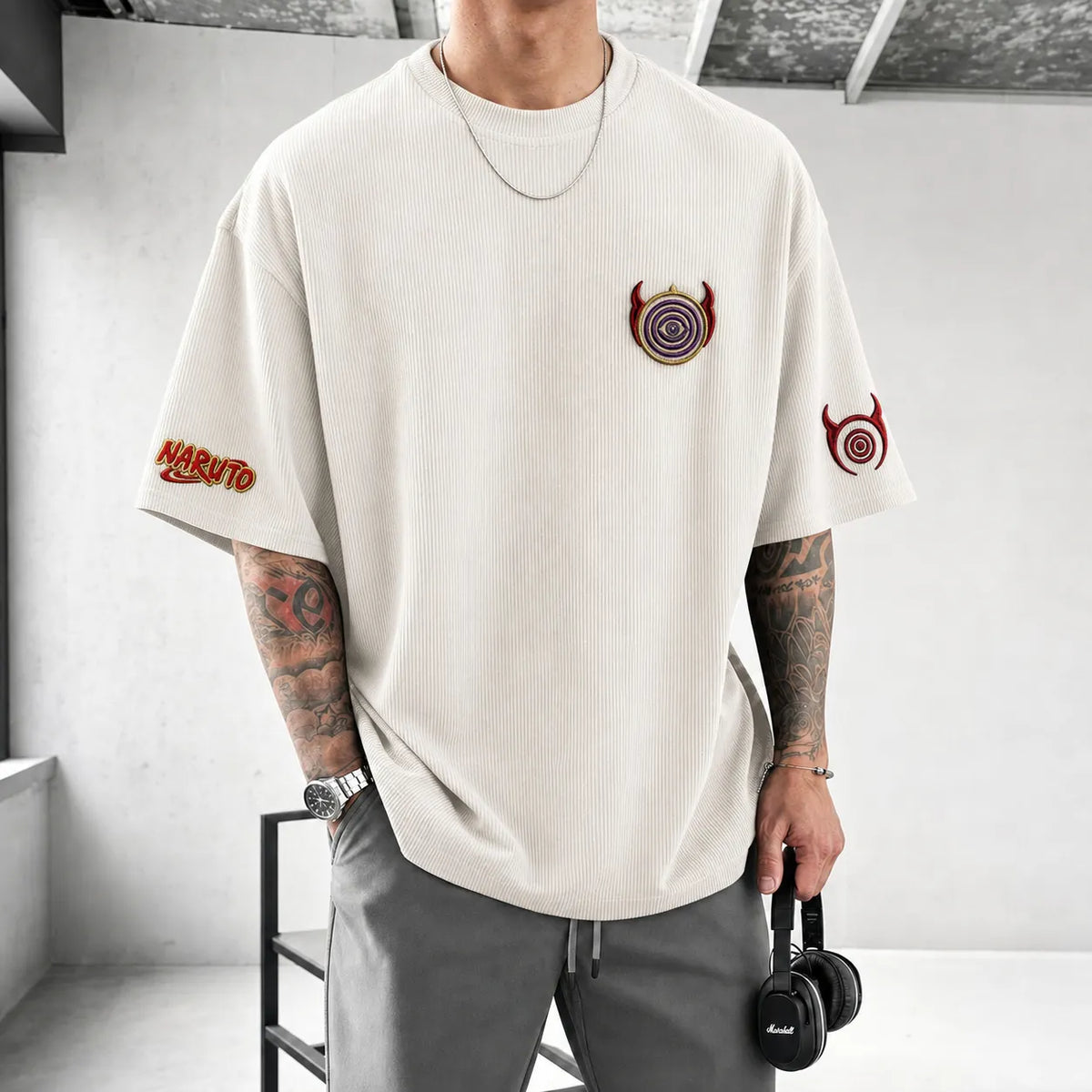 Naruto Unisex Anime-Style Retro Corduroy Oversized T-Shirt