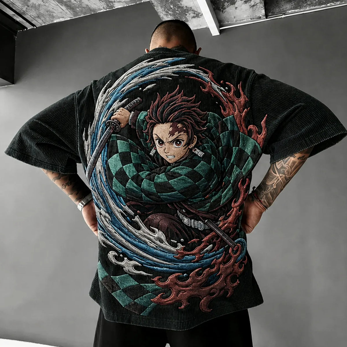 Demon Slayer Unisex Anime-Style Retro Corduroy Oversized T-Shirt