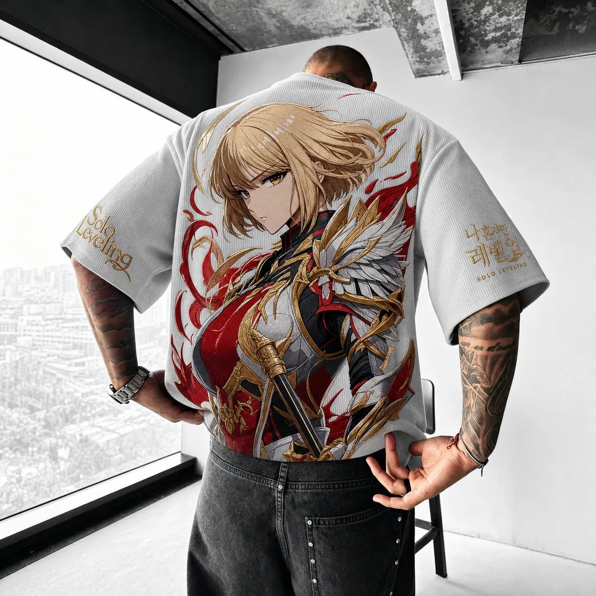 Solo Leveling Unisex Oversized Anime-Print Vertical-Stripe Short-Sleeve T-Shirt