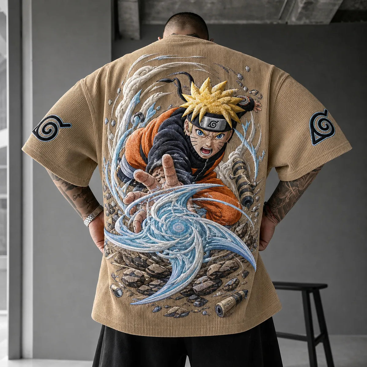 Naruto Unisex Oversized Anime-Print Vertical-Stripe Short-Sleeve T-Shirt