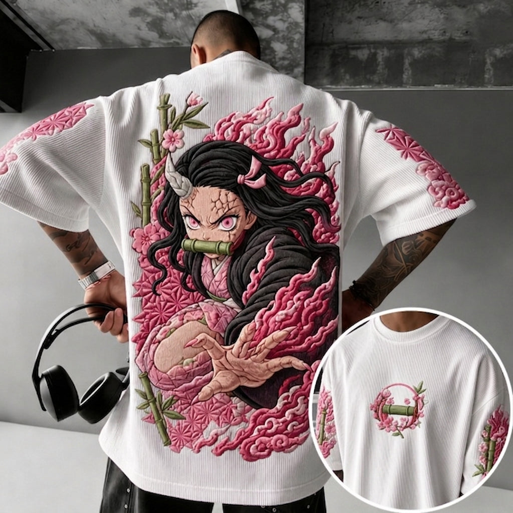 Demon Slayer Unisex Anime-Style Retro Corduroy Oversized T-Shirt