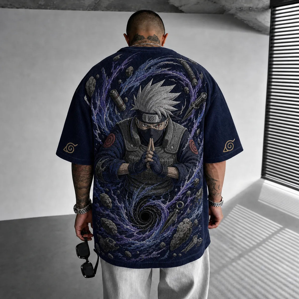 Naruto Unisex Oversized Anime-Print Vertical-Stripe Short-Sleeve T-Shirt