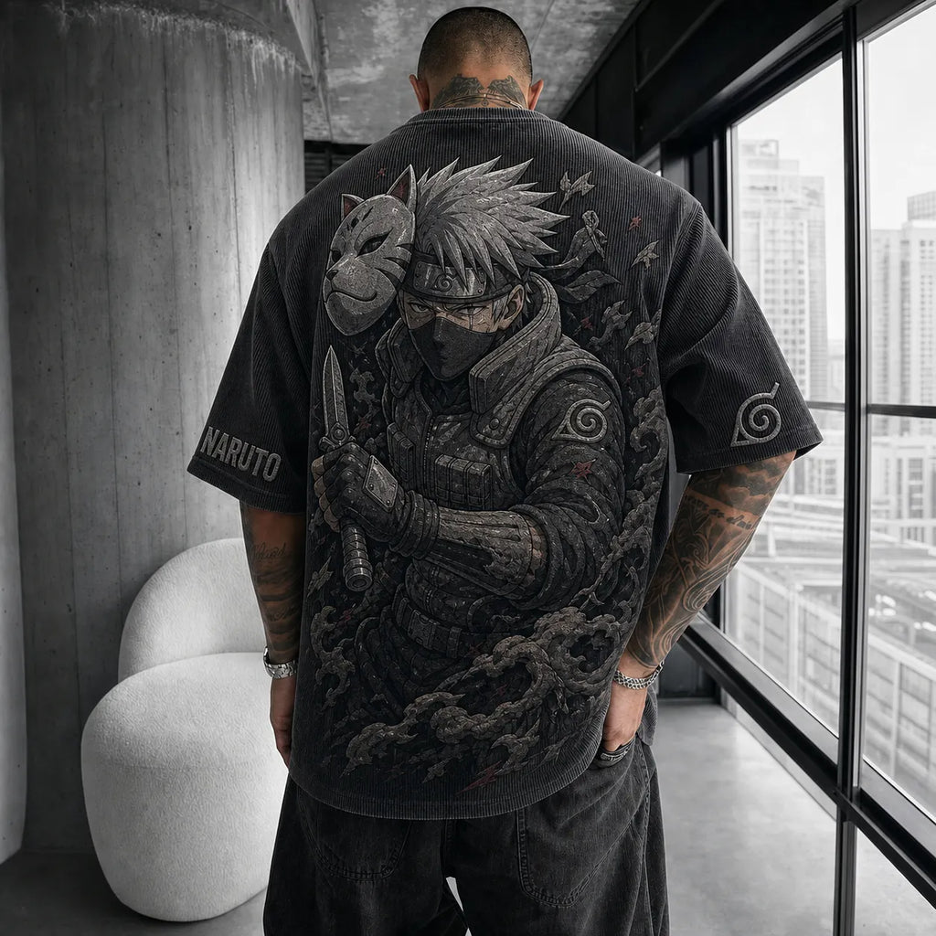 Naruto Unisex Anime-Style Retro Corduroy Oversized T-Shirt