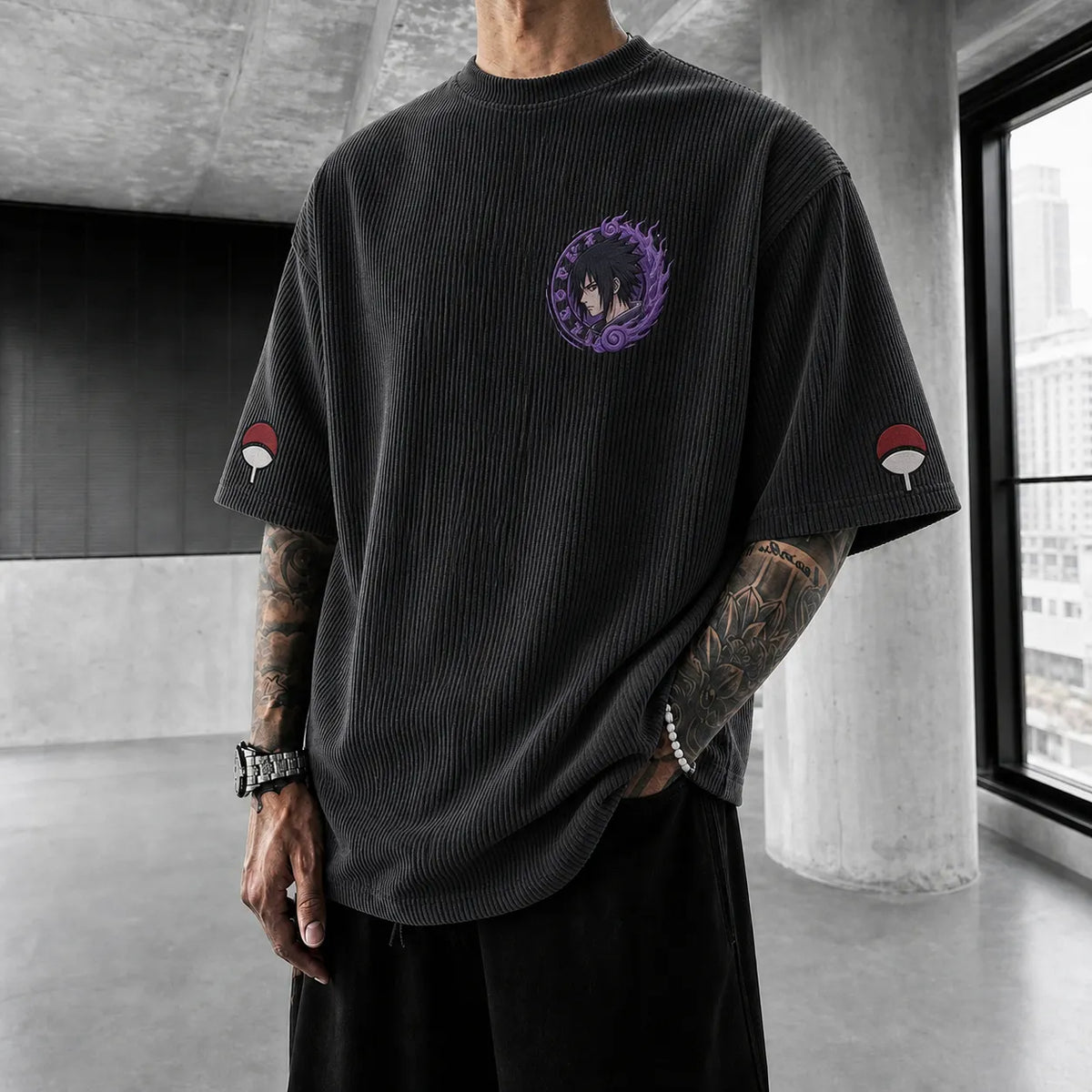 Naruto Unisex Oversized Anime-Print Vertical-Stripe Short-Sleeve T-Shirt