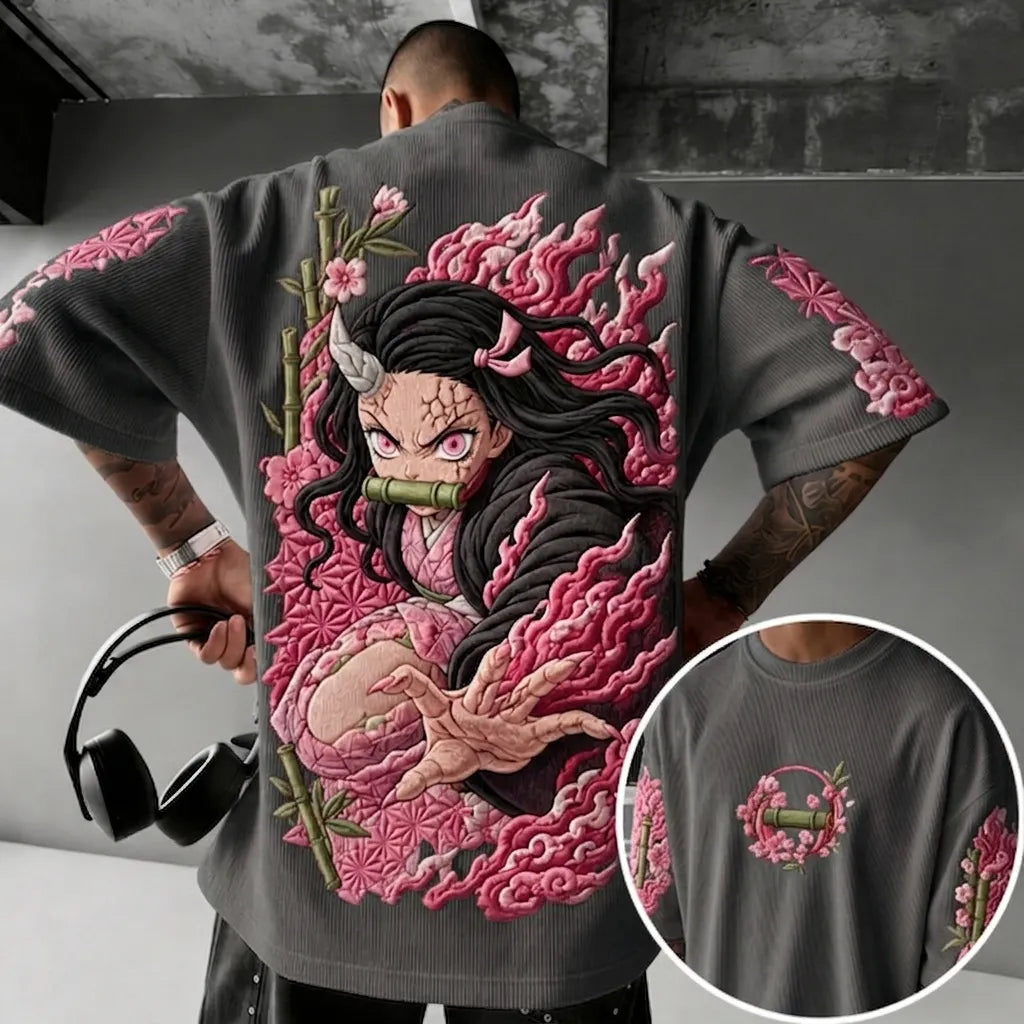 Demon Slayer Unisex Anime-Style Retro Corduroy Oversized T-Shirt