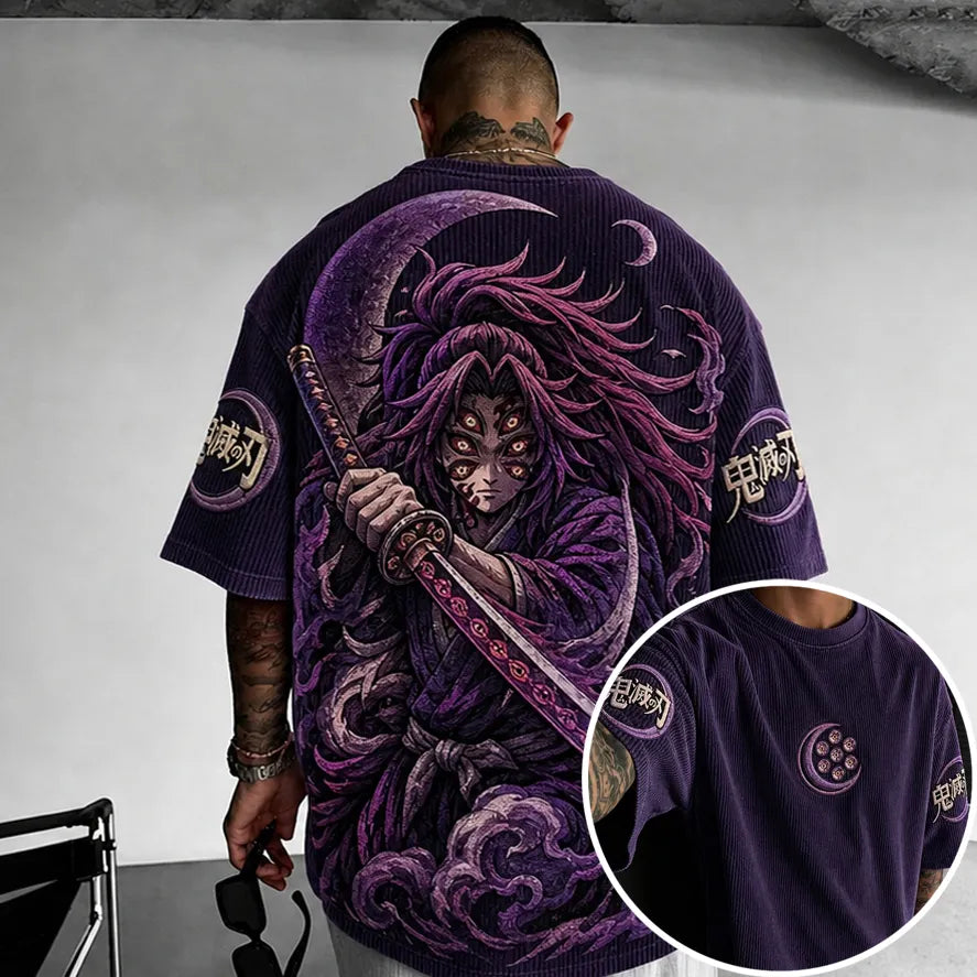 Demon Slayer Unisex Oversized Anime-Print Vertical-Stripe Short-Sleeve T-Shirt