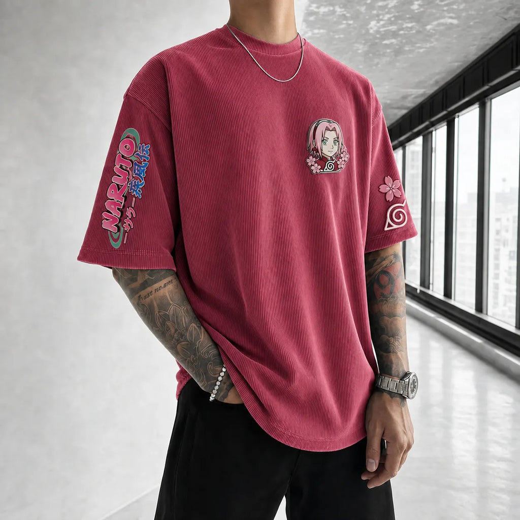 Naruto Unisex Anime-Style Retro Corduroy Oversized T-Shirt