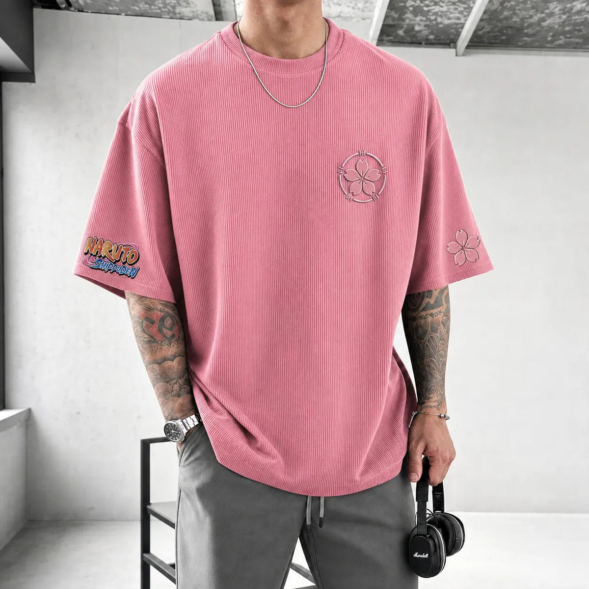 Naruto Unisex Anime-Style Retro Corduroy Oversized T-Shirt