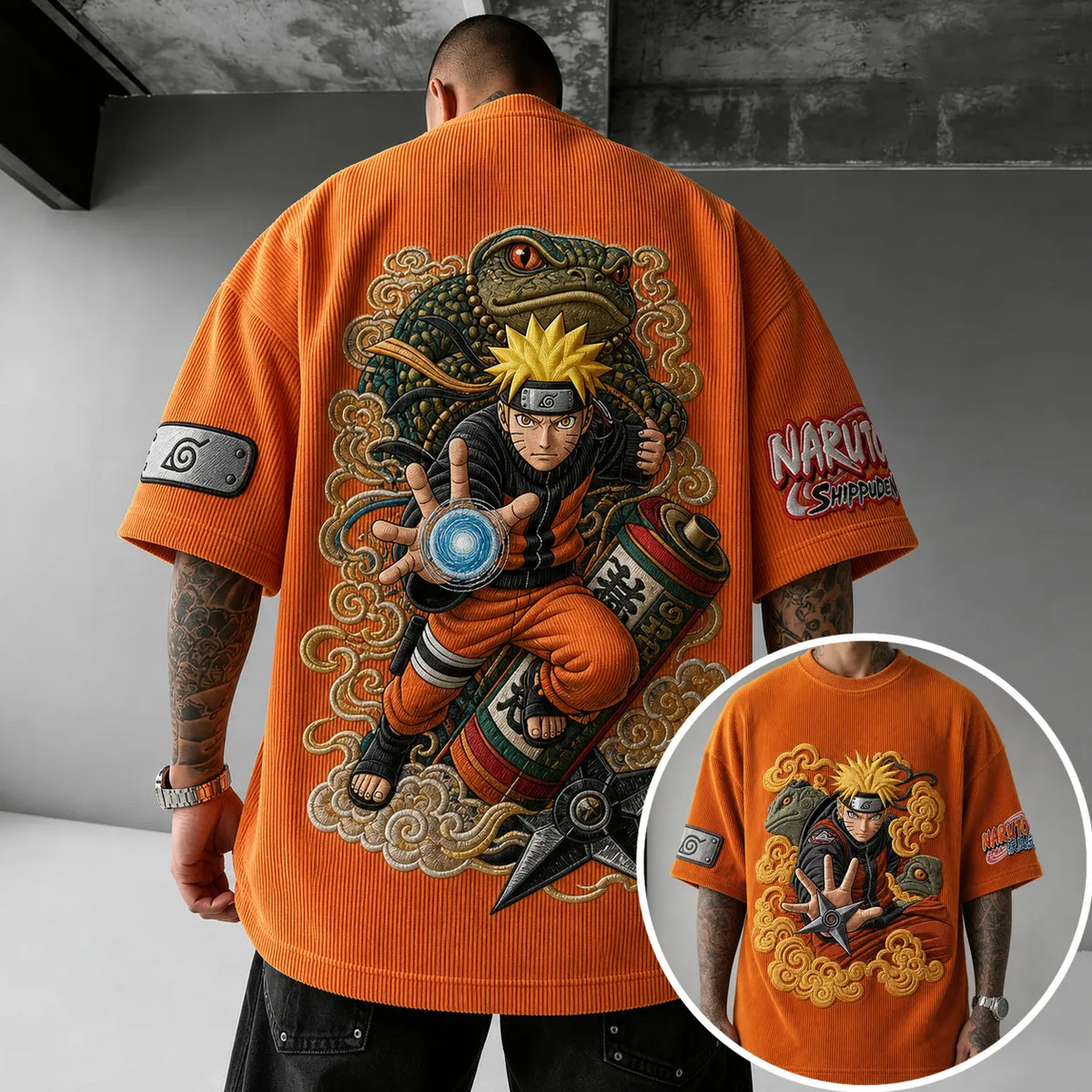 Naruto Unisex Oversized Anime-Print Vertical-Stripe Short-Sleeve T-Shirt