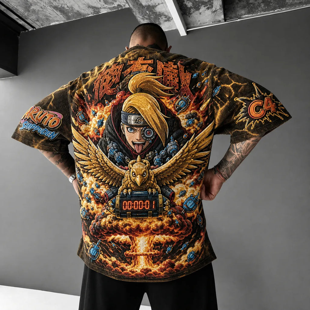 Naruto Unisex Oversized Anime-Print Vertical-Stripe Short-Sleeve T-Shirt